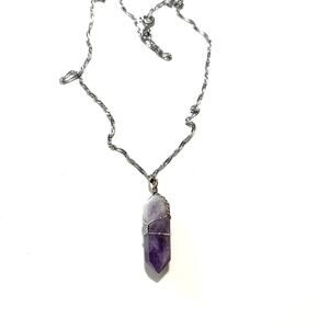 Wire Wrapped Amethyst Point Necklace Pendant 16" on 18K White Gold Plated Chain